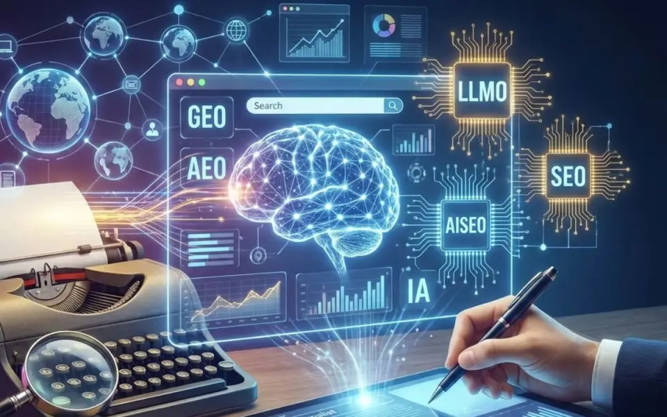 Cerveau numérique entouré des sigles GEO, AEO, LLMO, AISEO et SEO : la visibilité des contenus dans les IA